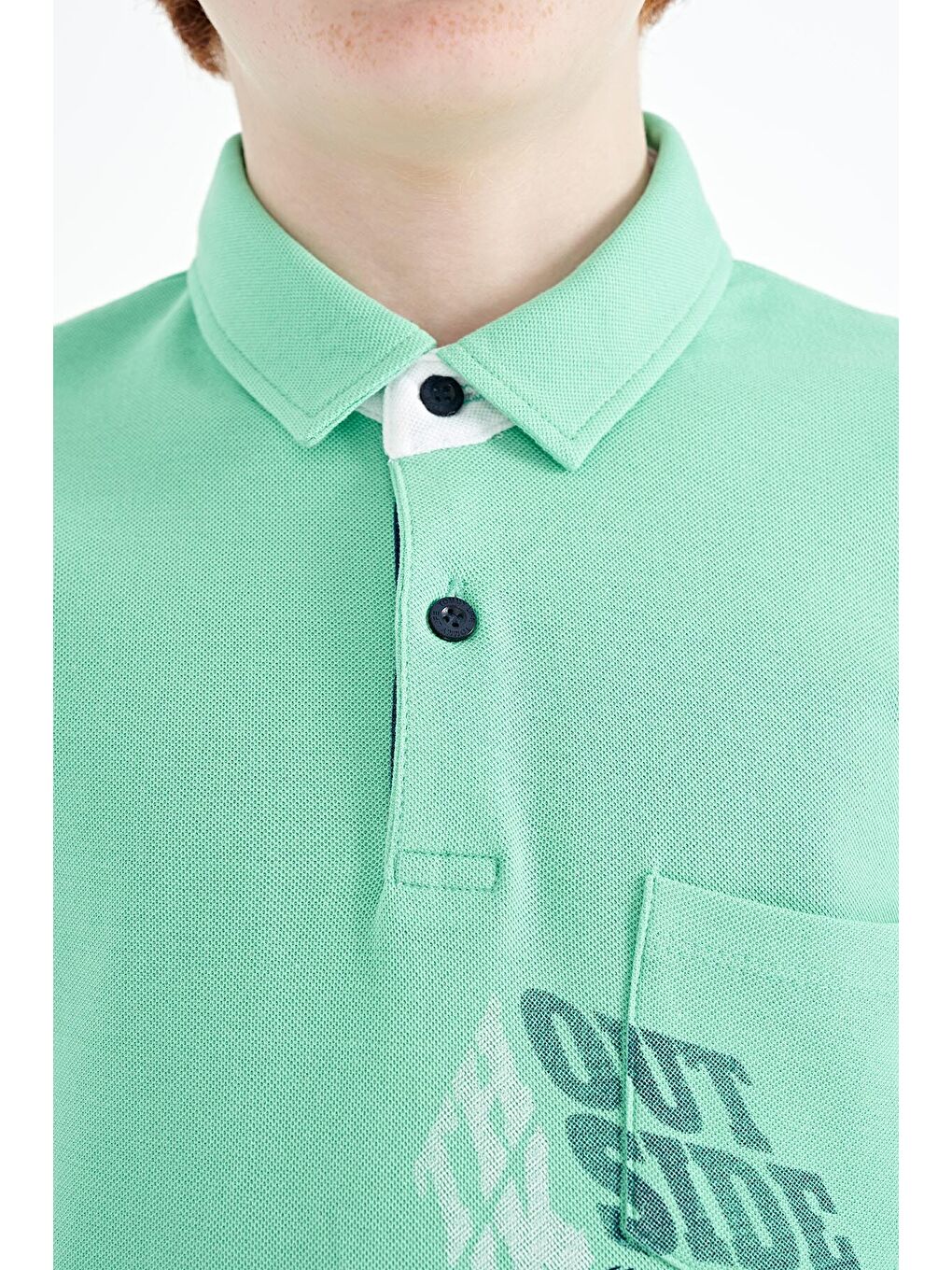 Turkuaz Su Yeşili Ön Cep Detaylı Baskılı Standart Kalıp Polo Yaka Erkek Çocuk Tişört - 11102-3