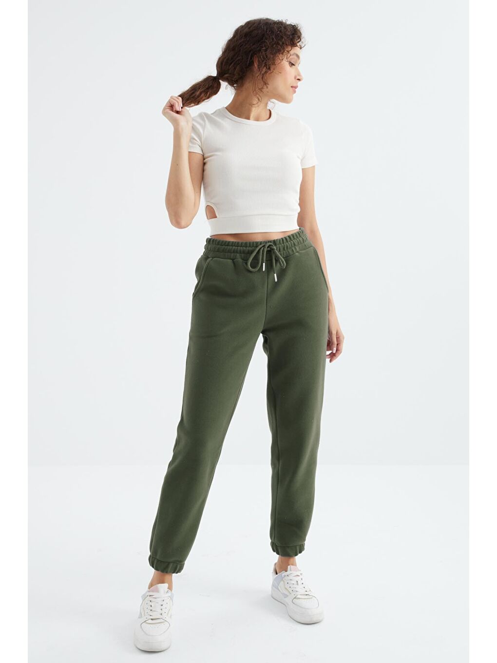Yeşil Çağla Yüksek Bel Basic Bağcıklı Jogger Polar Kadın Eşofman Alt - 94622