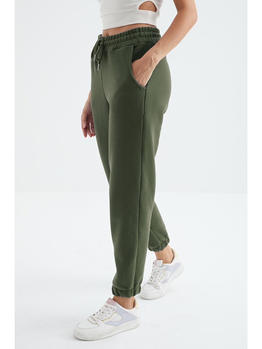 Yeşil Çağla Yüksek Bel Basic Bağcıklı Jogger Polar Kadın Eşofman Alt - 94622-1