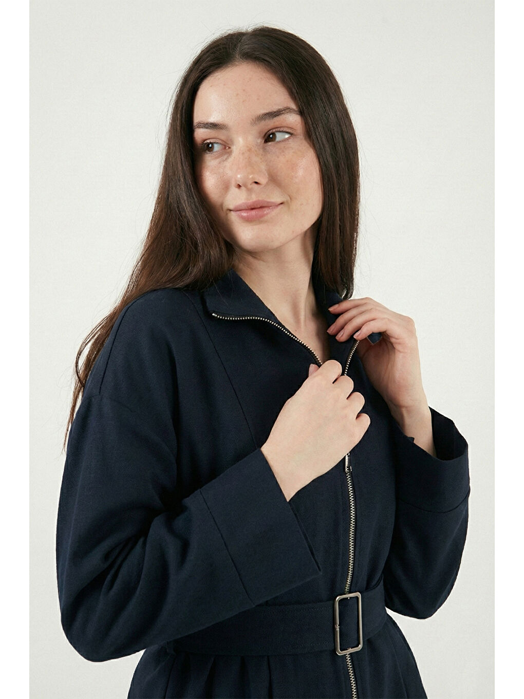 Lacivert Regular Fit Kemer Detaylı Fermuarlı Geniş Paçalı Kadın Takım 6928879-3