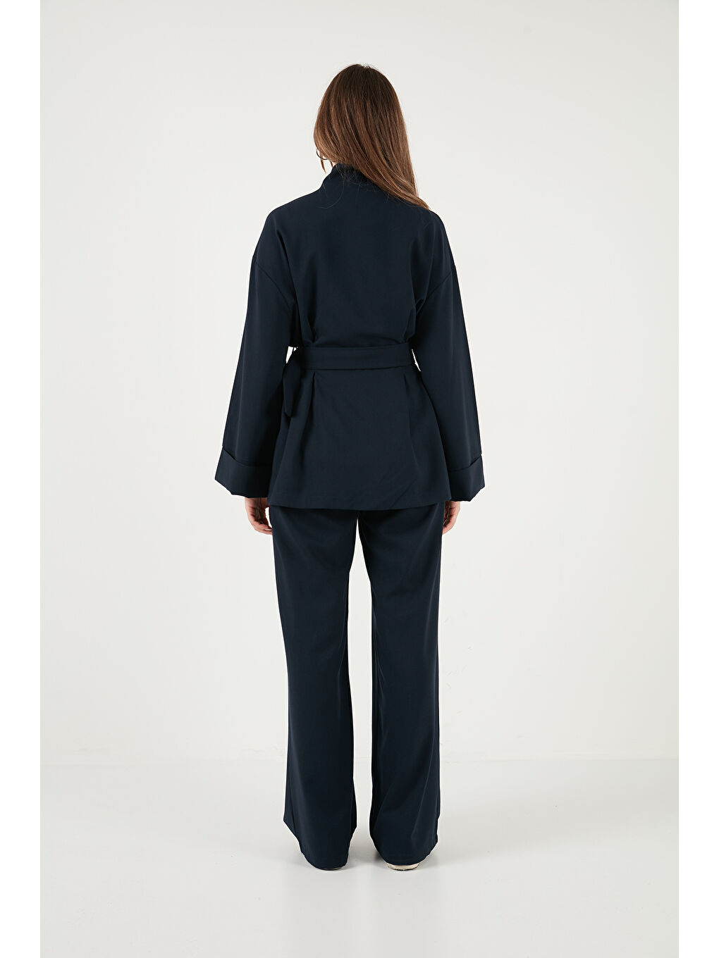 Lacivert Regular Fit Kemer Detaylı Fermuarlı Geniş Paçalı Kadın Takım 6928879-6