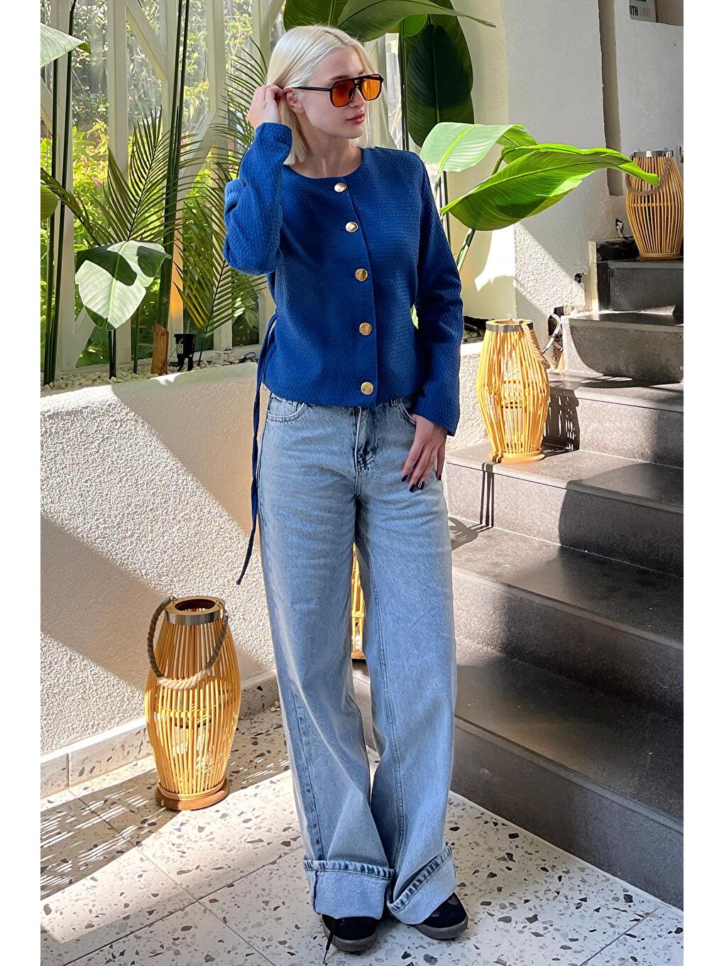 Mavi Saks Kemerli Ve Dokulu Kadın Ceket Mg2209-3