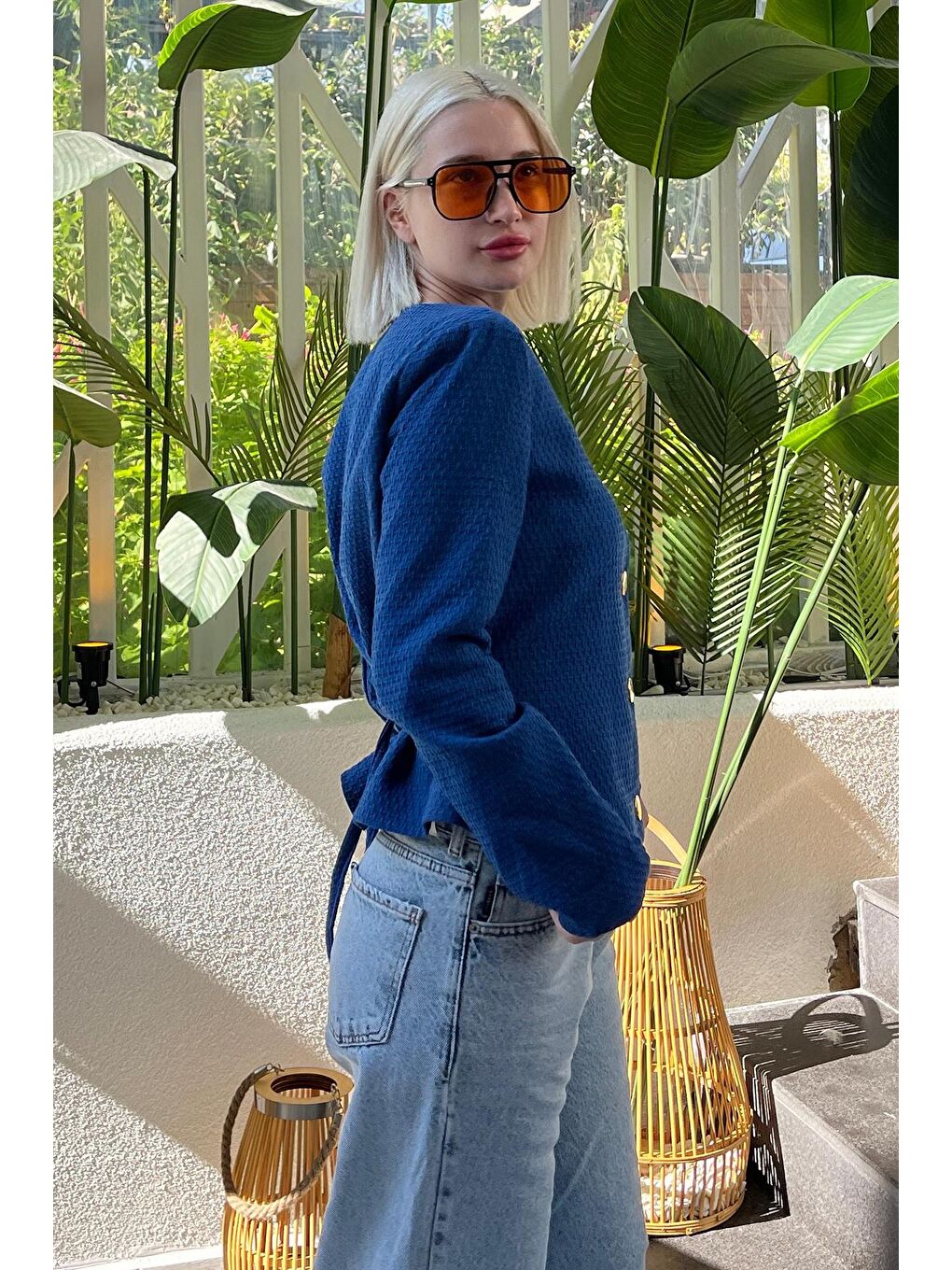 Mavi Saks Kemerli Ve Dokulu Kadın Ceket Mg2209-5