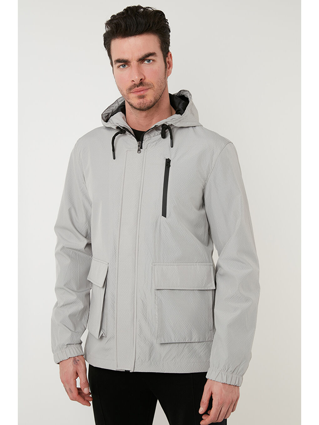 Gri Kapüşonlu Fermuarlı Cepli Mont 5711304-1