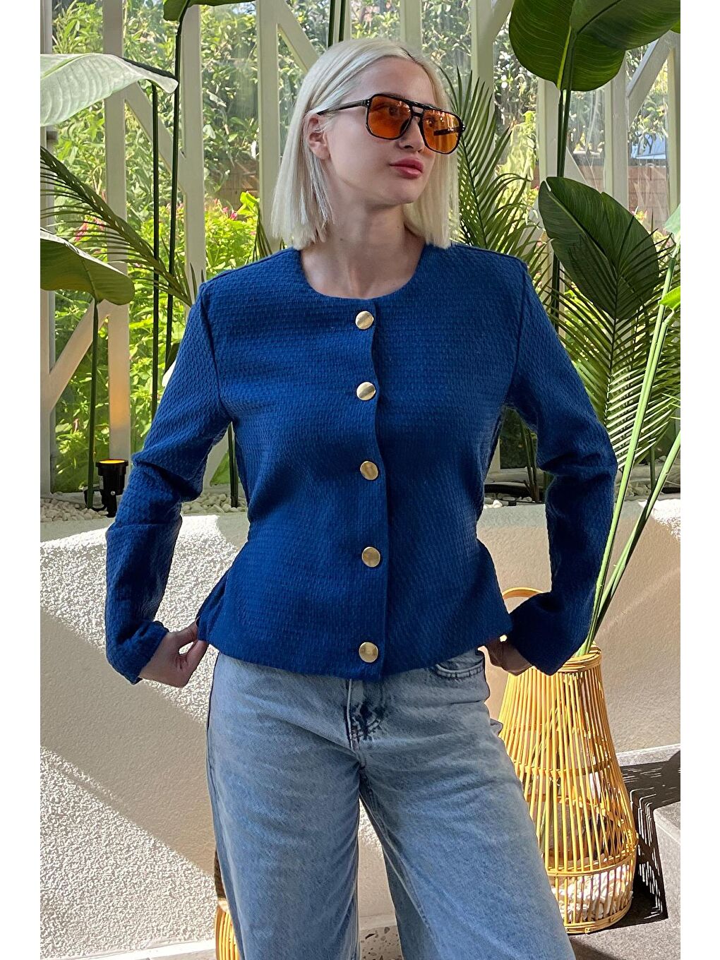 Mavi Saks Kemerli Ve Dokulu Kadın Ceket Mg2209-1