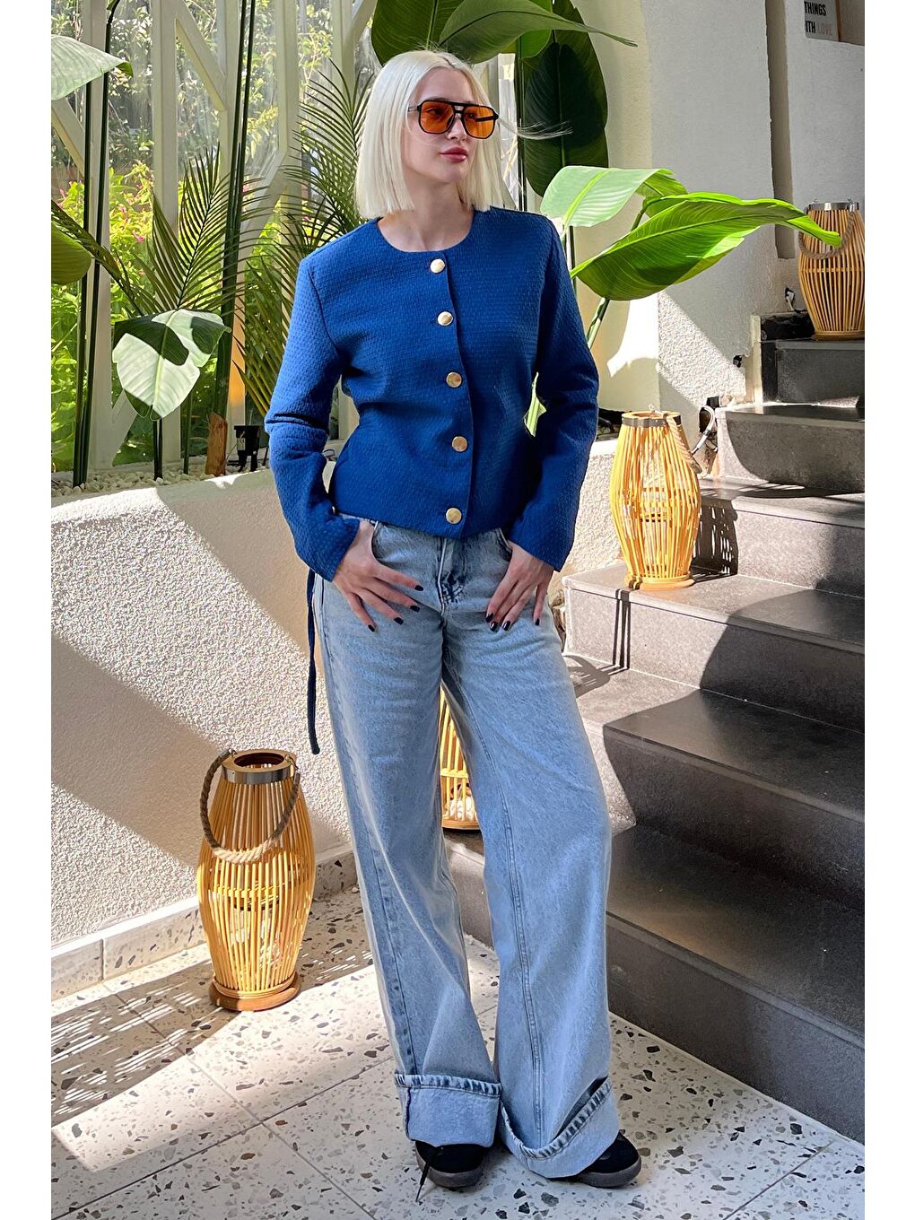 Mavi Saks Kemerli Ve Dokulu Kadın Ceket Mg2209-2