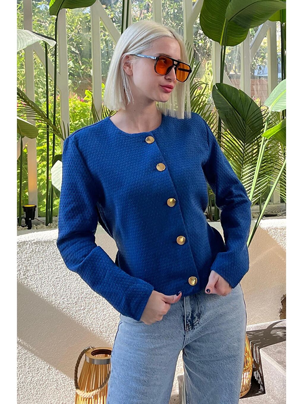 Mavi Saks Kemerli Ve Dokulu Kadın Ceket Mg2209-4