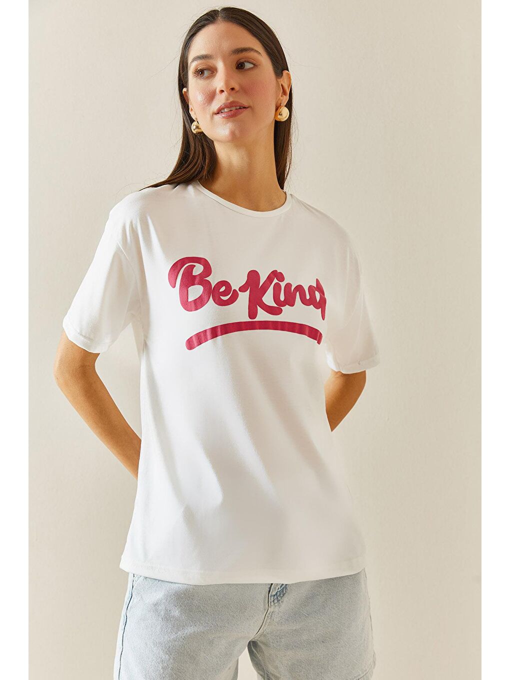 XHAN Beyaz Bisiklet Yaka Baskılı T-Shirt 5YXK1-48318-01