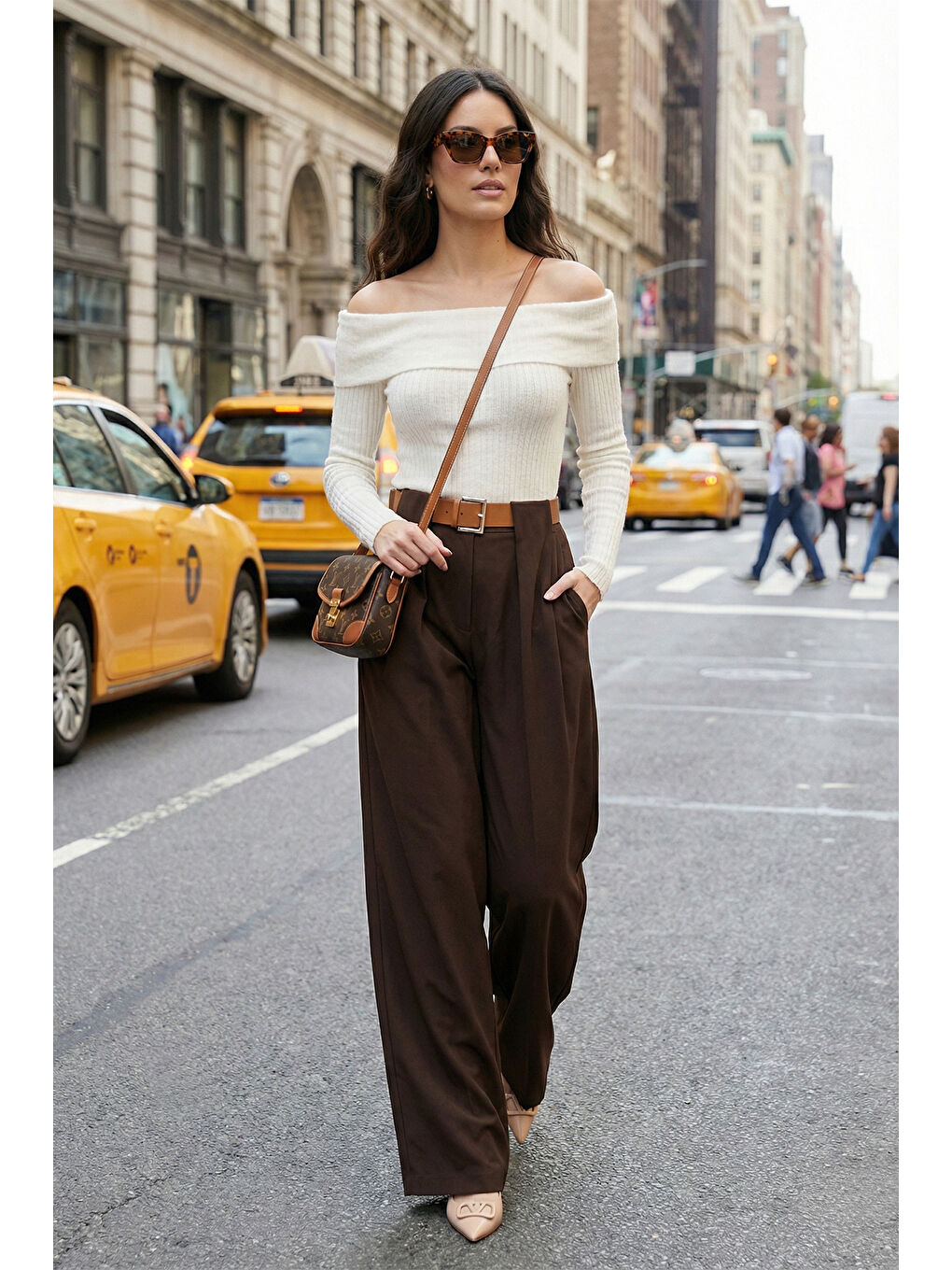 Kahverengi Wide Leg Yüksek Bel Bol Paça Kemer Detaylı Kadın Pantolon 6923855-1