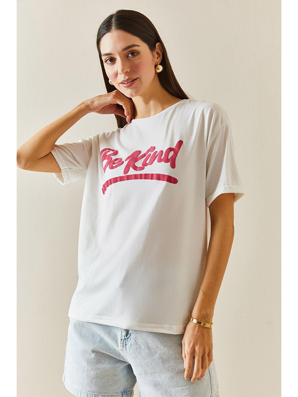 XHAN Beyaz Bisiklet Yaka Baskılı T-Shirt 5YXK1-48318-01 - 2