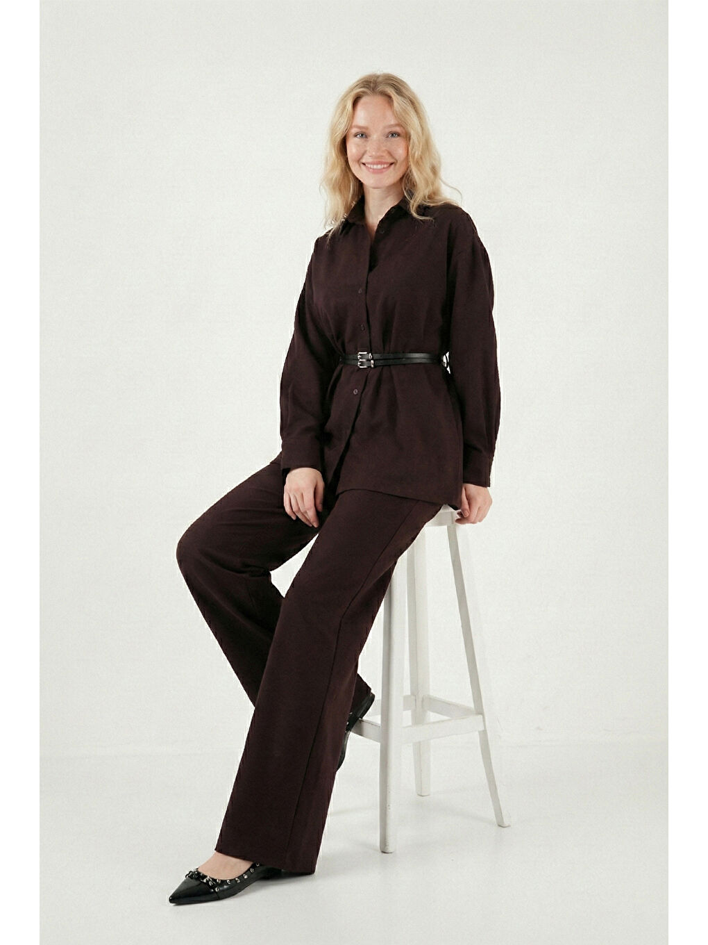 Mürdüm Regular Fit Kemer Detaylı Yüksek Bel Kadın Takım 6928887-3