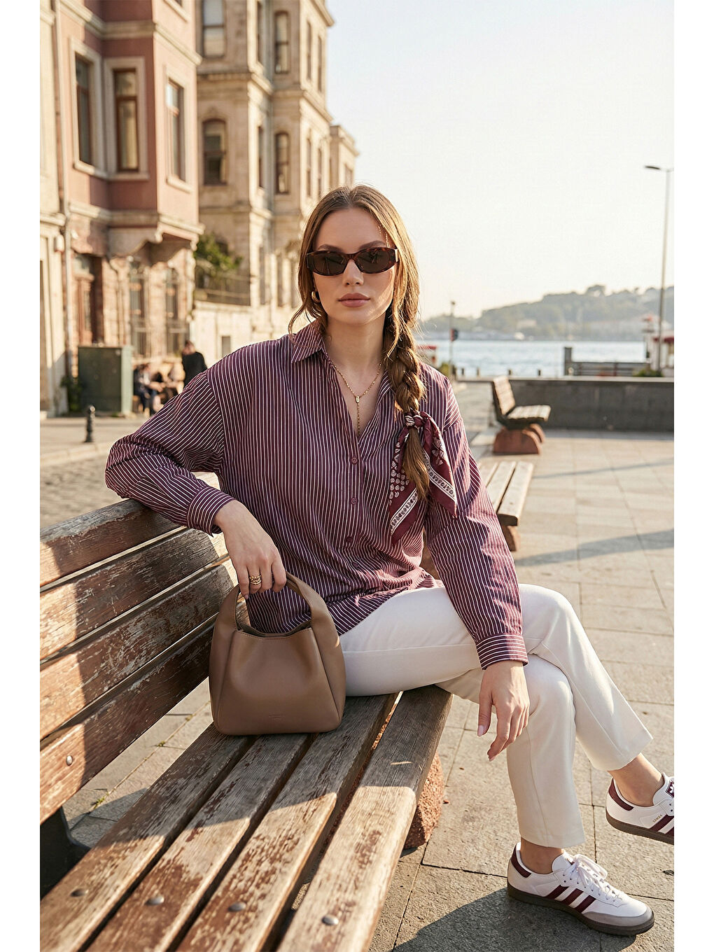 Bordo Çizgili Oversize Fit Klasik Yaka Uzun Kollu Kadın Gömlek 6925437