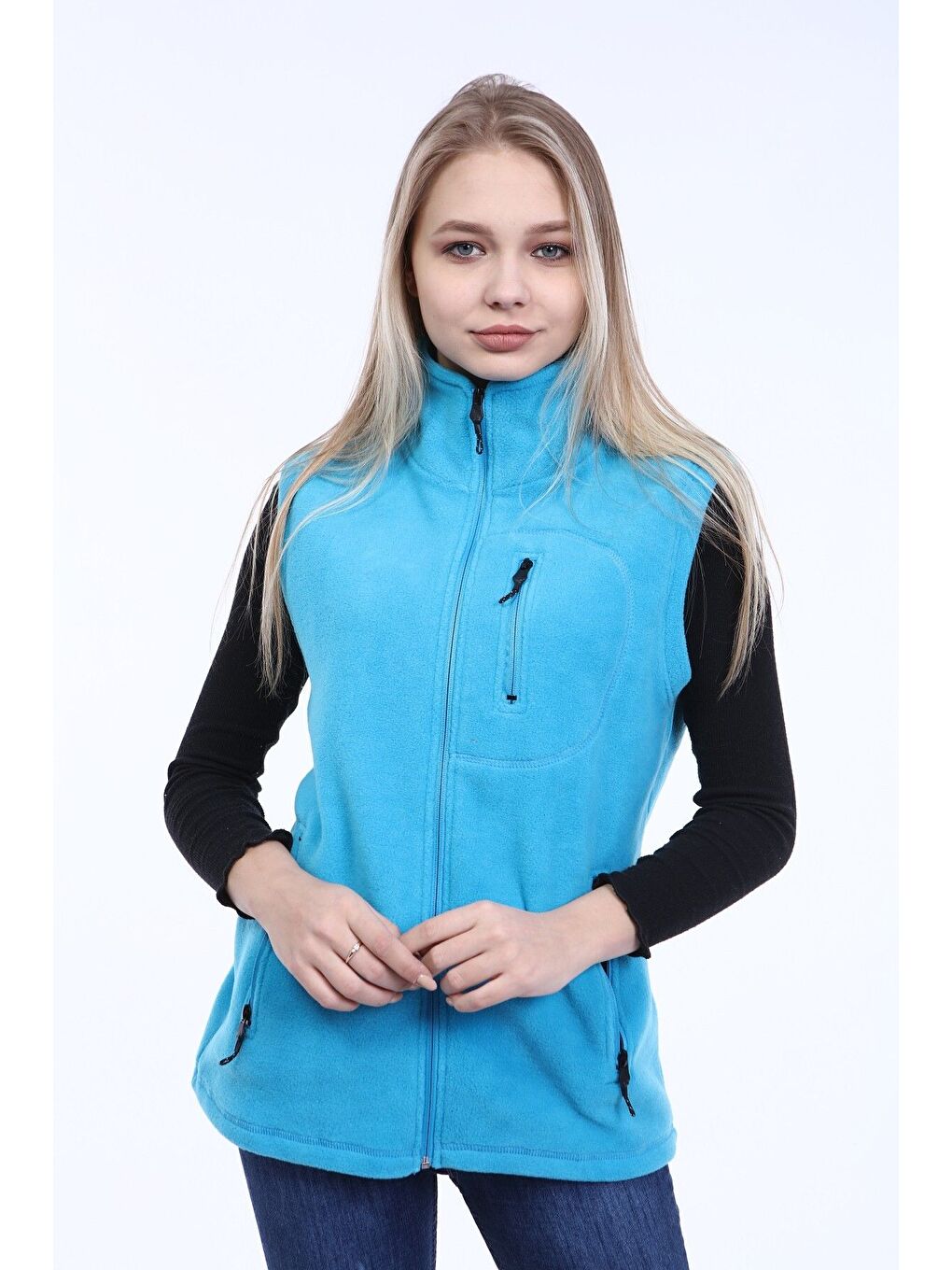 GENIUS STORE Mavi Kadın Polar Yelek Tam Fermuarlı Outdoor Spor Yelek 3cepli BEBE MAVİ