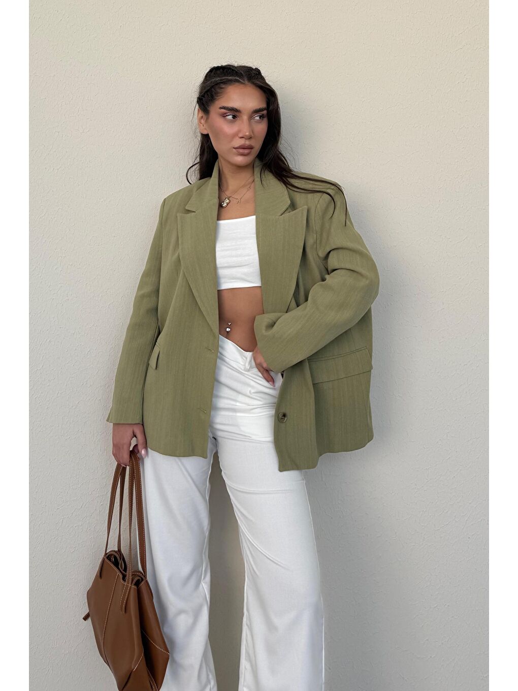 Çağla Yeşili Keten Blazer Kadın Ceket Mg2443-1