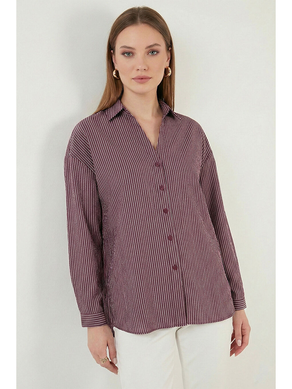 Bordo Çizgili Oversize Fit Klasik Yaka Uzun Kollu Kadın Gömlek 6925437-1