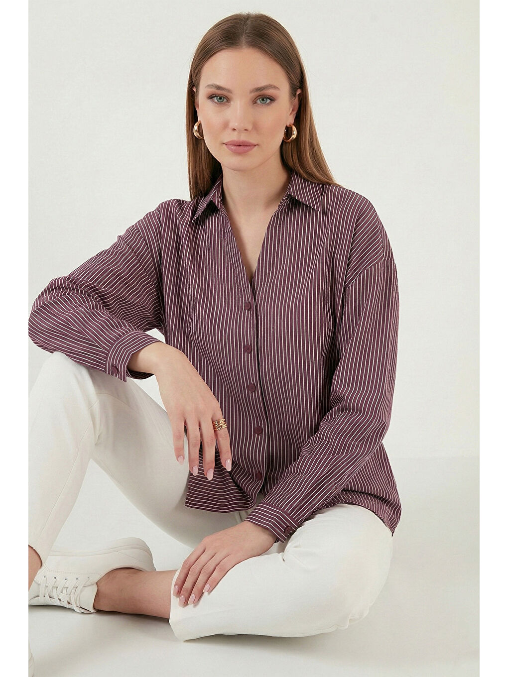 Bordo Çizgili Oversize Fit Klasik Yaka Uzun Kollu Kadın Gömlek 6925437-2