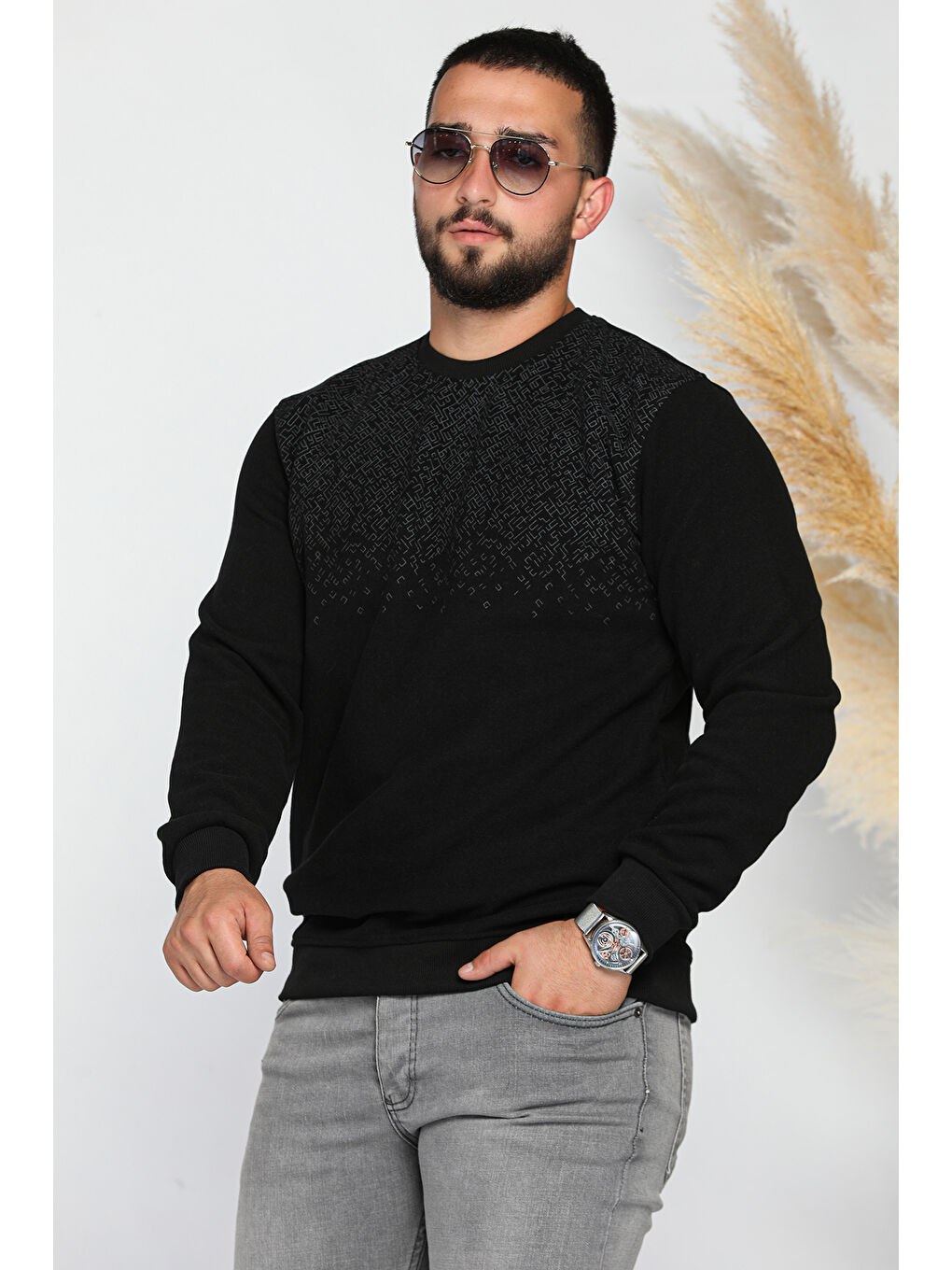 Mishar İtalia Siyah Erkek Kendinden Desenli Selanik Sweatshirt - 1