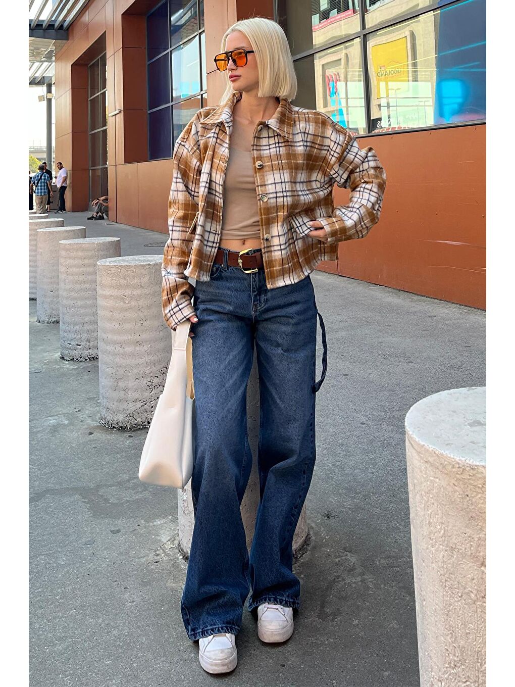 Kahverengi Camel Düğmeli Gömlek Yaka Oduncu Kısa Ceket Mg2181-1