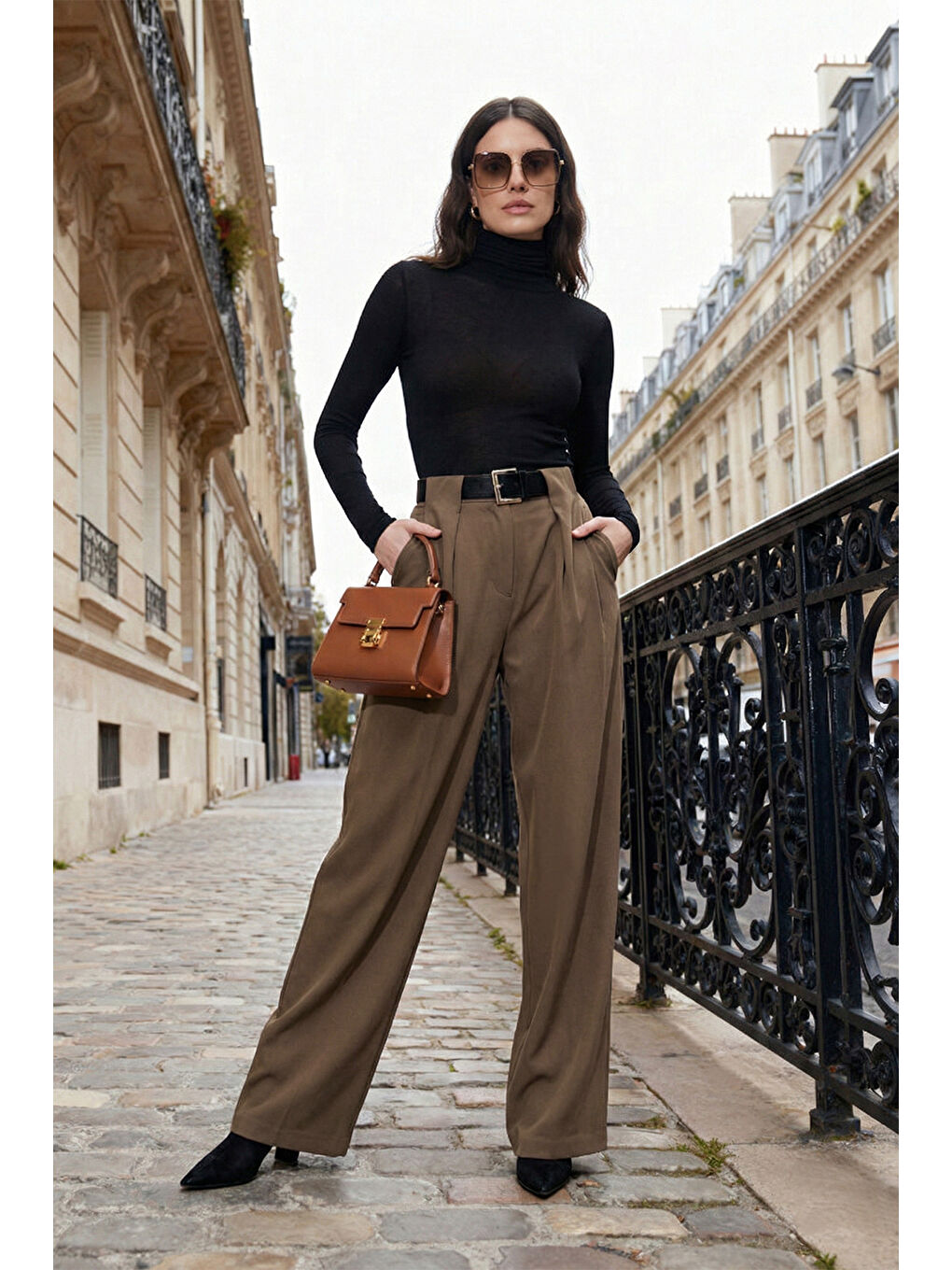 Haki Wide Leg Yüksek Bel Bol Paça Kemer Detaylı Kadın Pantolon 6923855