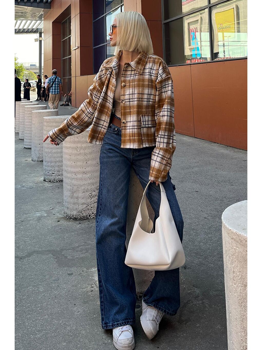 Kahverengi Camel Düğmeli Gömlek Yaka Oduncu Kısa Ceket Mg2181-2