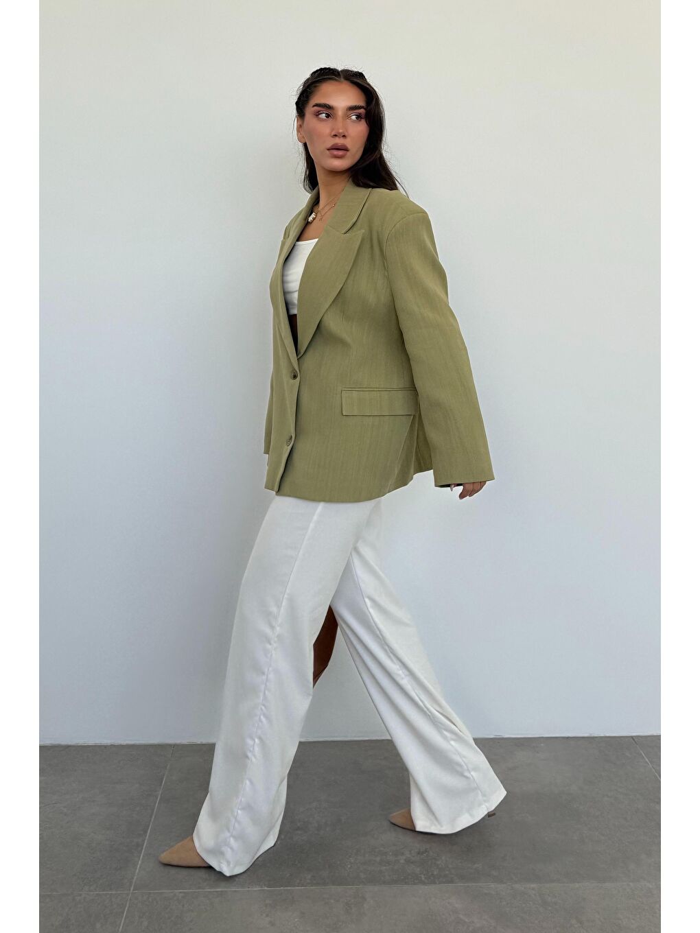 Çağla Yeşili Keten Blazer Kadın Ceket Mg2443-6