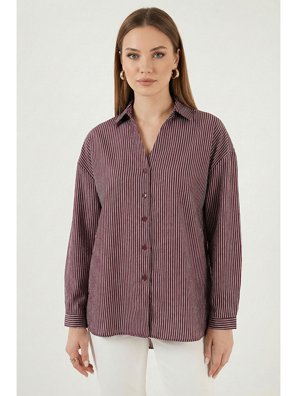 Bordo Çizgili Oversize Fit Klasik Yaka Uzun Kollu Kadın Gömlek 6925437-3