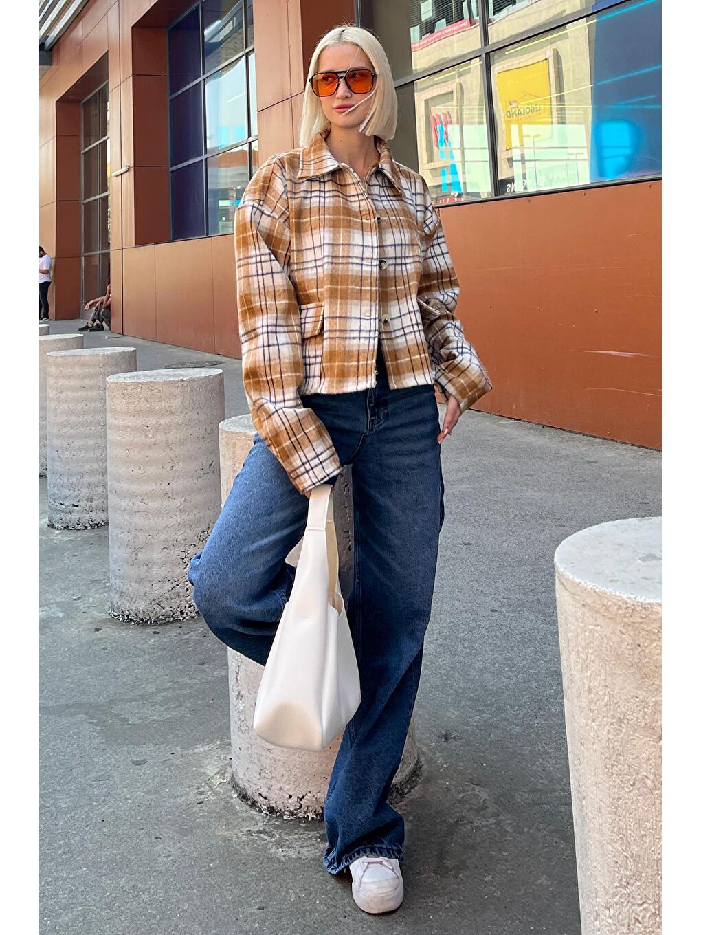 Kahverengi Camel Düğmeli Gömlek Yaka Oduncu Kısa Ceket Mg2181-3