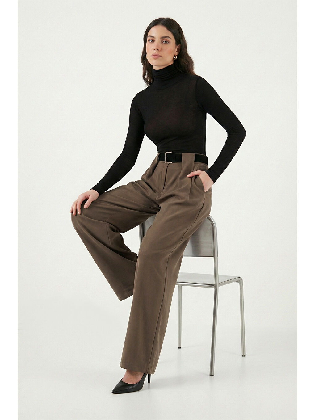 Haki Wide Leg Yüksek Bel Bol Paça Kemer Detaylı Kadın Pantolon 6923855-1