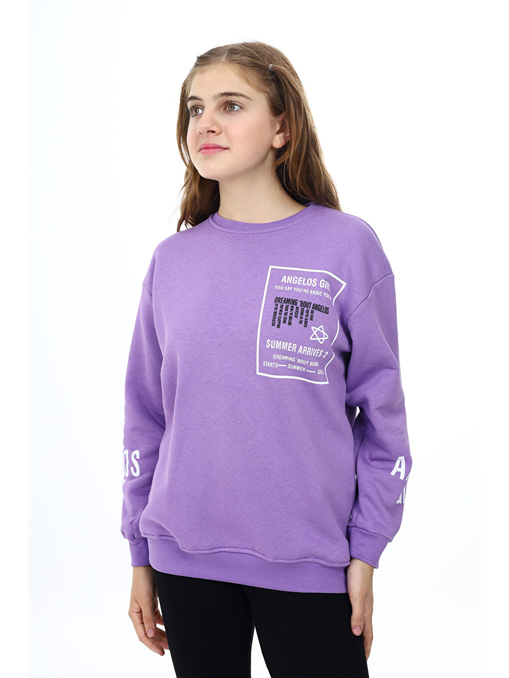 angelos Mor Kız Çocuk Yaka ve Bilek Baskılı 3 İplik Sweatshirt Px492.3 - 1