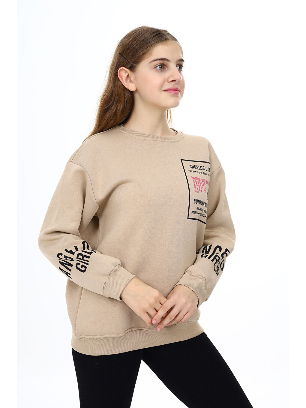 angelos Krem Kız Çocuk Yaka ve Bilek Baskılı 3 İplik Sweatshirt Px492.1