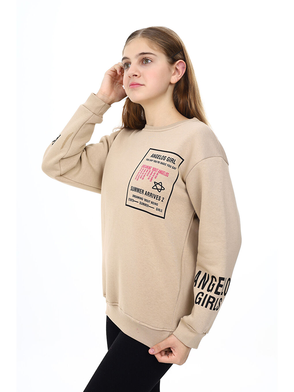 angelos Krem Kız Çocuk Yaka ve Bilek Baskılı 3 İplik Sweatshirt Px492.1 - 1