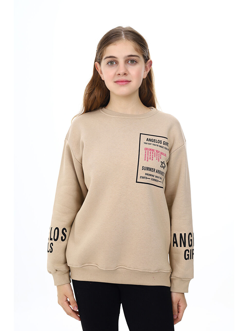 angelos Krem Kız Çocuk Yaka ve Bilek Baskılı 3 İplik Sweatshirt Px492.1 - 2