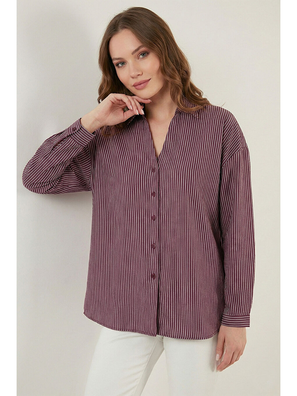 Bordo Çizgili Oversize Fit Klasik Yaka Uzun Kollu Kadın Gömlek 6925437-4