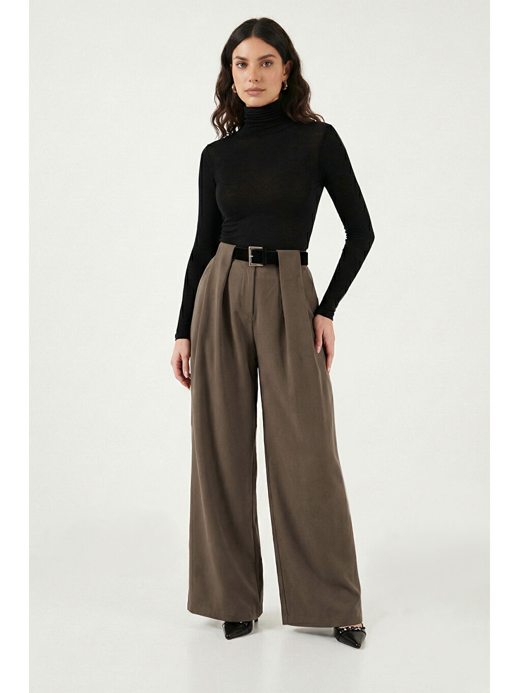Haki Wide Leg Yüksek Bel Bol Paça Kemer Detaylı Kadın Pantolon 6923855-2