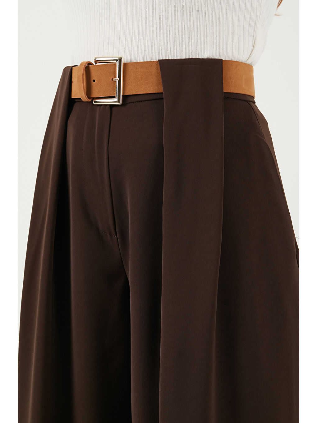 Kahverengi Wide Leg Yüksek Bel Bol Paça Kemer Detaylı Kadın Pantolon 6923855-5