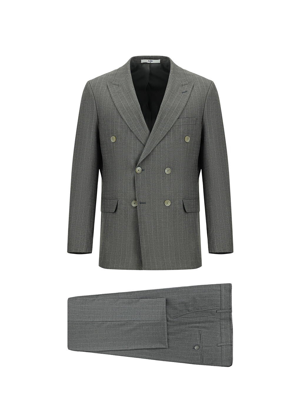 Gri Slim Fit Dar Kesim Çizgili Kruvaze Takım Elbise