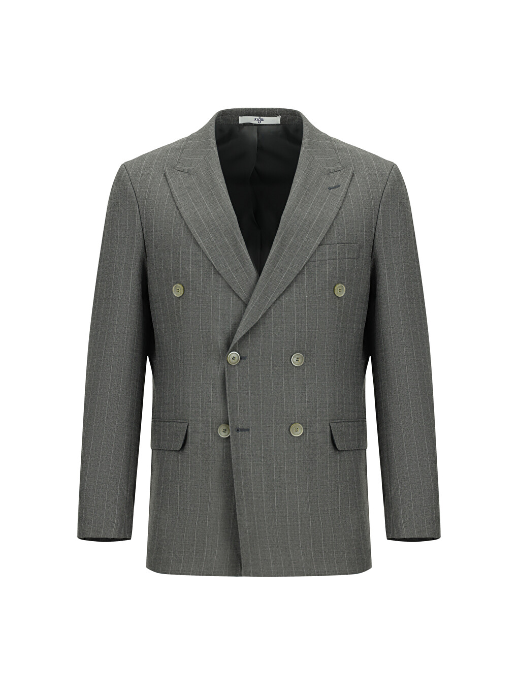 Gri Slim Fit Dar Kesim Çizgili Kruvaze Takım Elbise-1