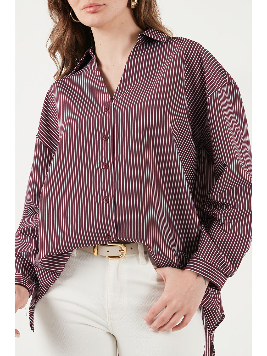 Bordo Çizgili Oversize Fit Klasik Yaka Uzun Kollu Kadın Gömlek 6925437-5