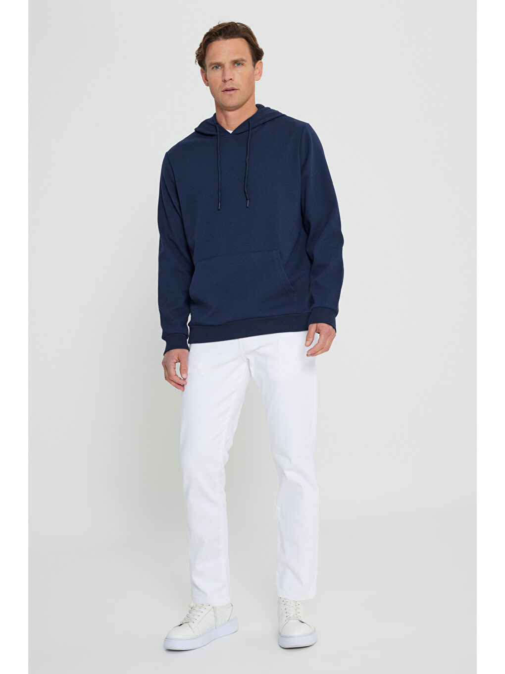 Erkek Lacivert 2 İplik Sıcak Tutan Standart Fit Normal Kesim Kapüşonlu Dokulu Cepli Sweatshirt-1