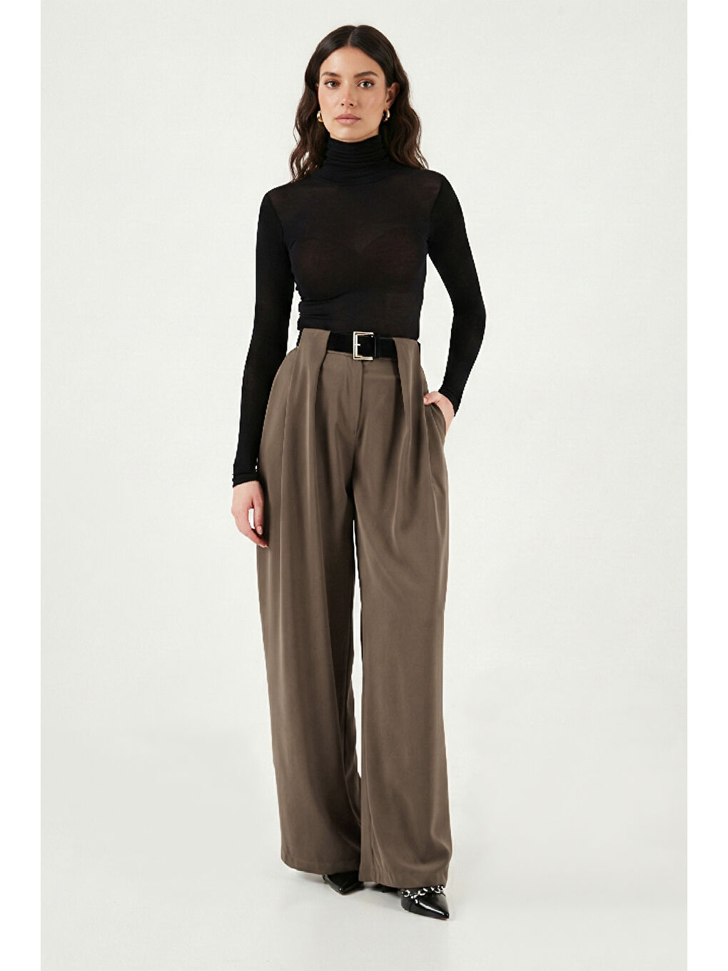 Haki Wide Leg Yüksek Bel Bol Paça Kemer Detaylı Kadın Pantolon 6923855-3