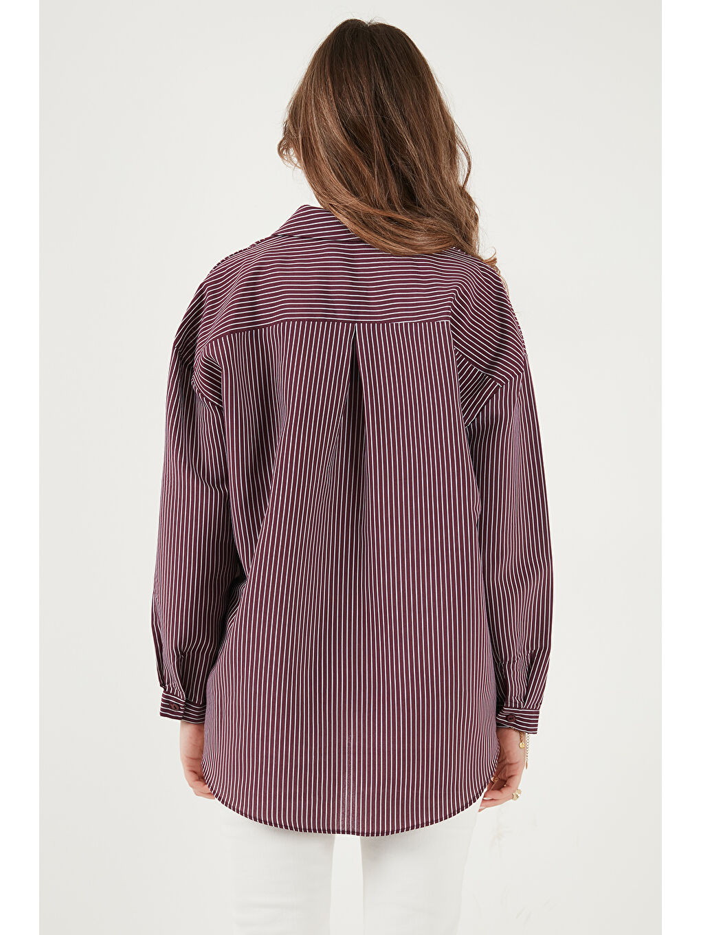 Bordo Çizgili Oversize Fit Klasik Yaka Uzun Kollu Kadın Gömlek 6925437-6
