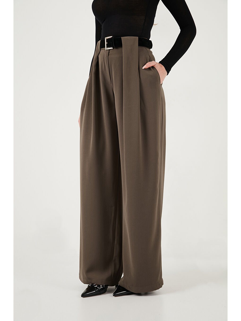 Haki Wide Leg Yüksek Bel Bol Paça Kemer Detaylı Kadın Pantolon 6923855-4