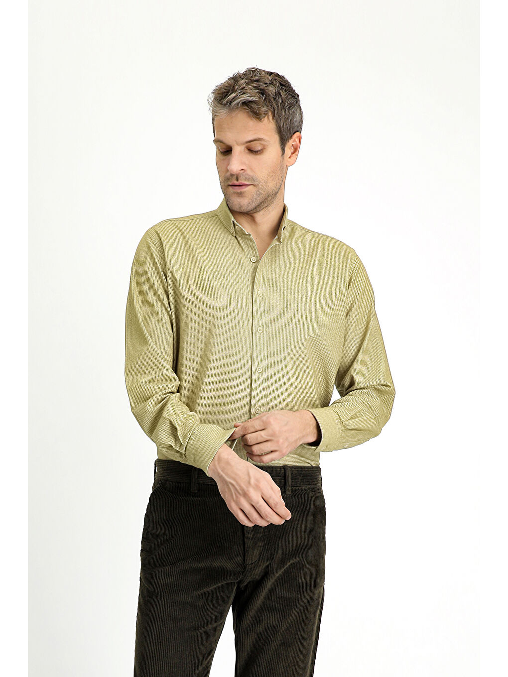 Sarı Uzun Kol Regular Fit Desenli Spor Pamuk Düğmeli Yaka %100 Pamuk Gömlek-1