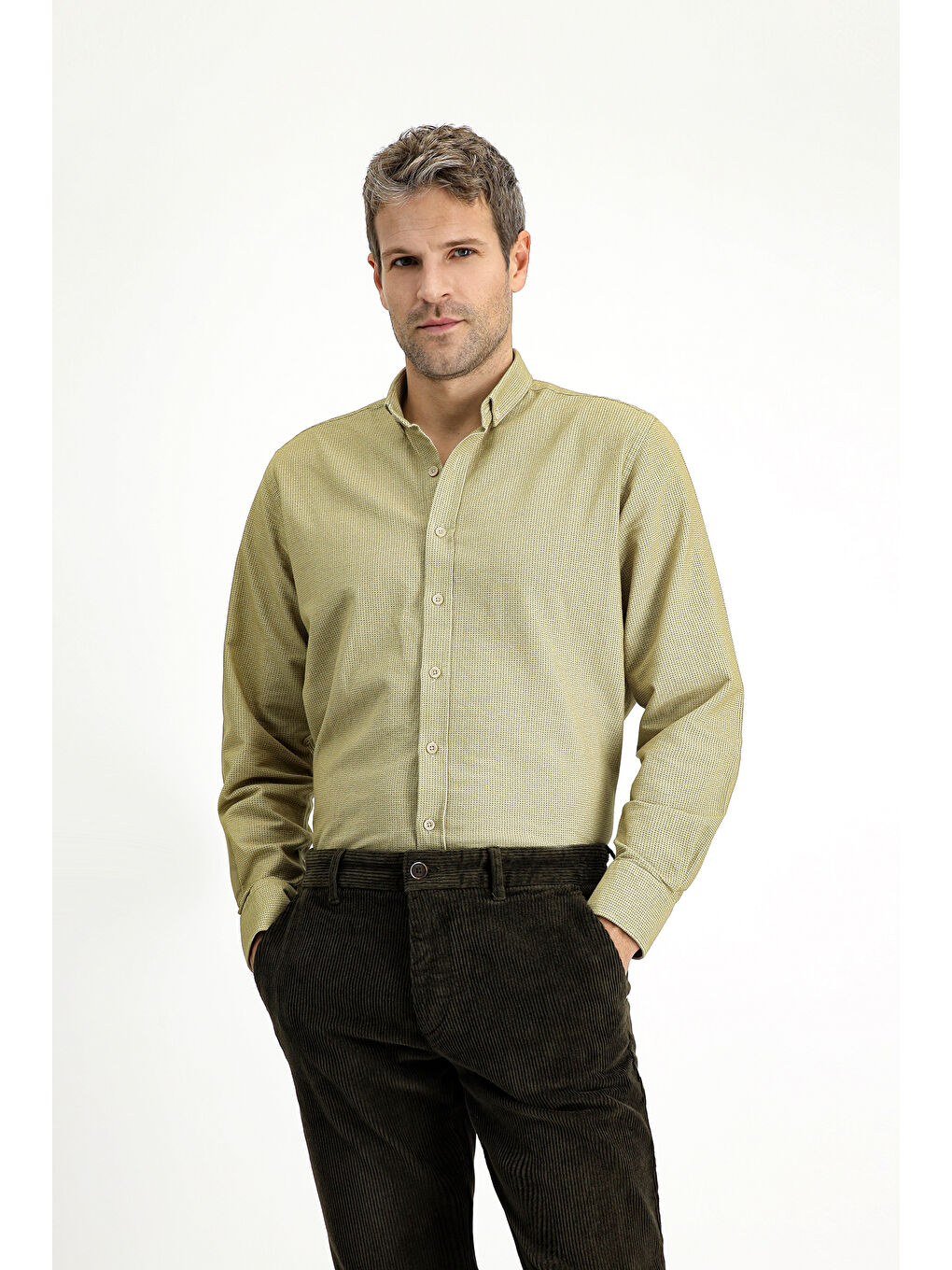 Sarı Uzun Kol Regular Fit Desenli Spor Pamuk Düğmeli Yaka %100 Pamuk Gömlek-2