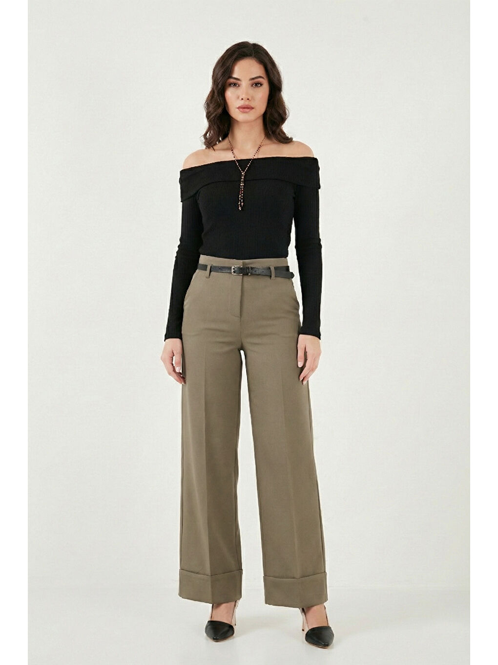 Haki Wide Leg Yüksek Bel Kıvırma Detaylı Bol Paça Kemerli Kadın Pantolon 6923841-2