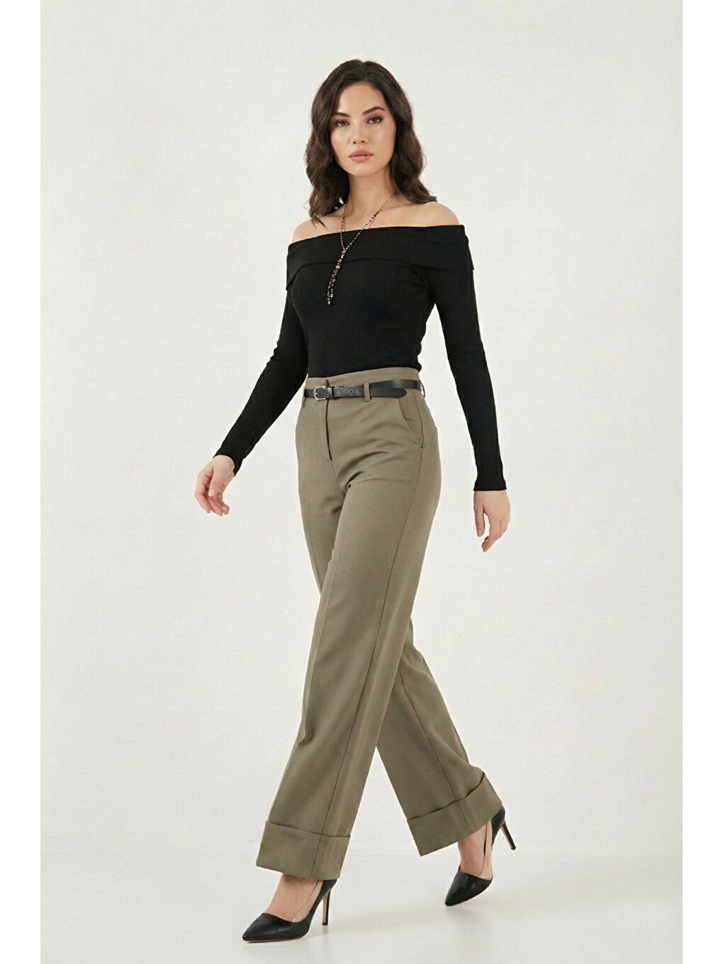 Haki Wide Leg Yüksek Bel Kıvırma Detaylı Bol Paça Kemerli Kadın Pantolon 6923841-3