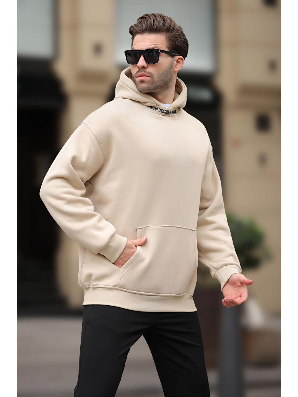 Bej Kapüşonlu Nakış Detaylı Sweatshirt 7099-1
