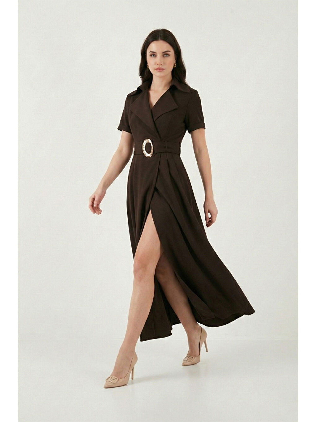 Kahverengi Regular Fit Kruvaze Yaka Tokalı Kemer Detaylı Kadın Elbise 6922332-1