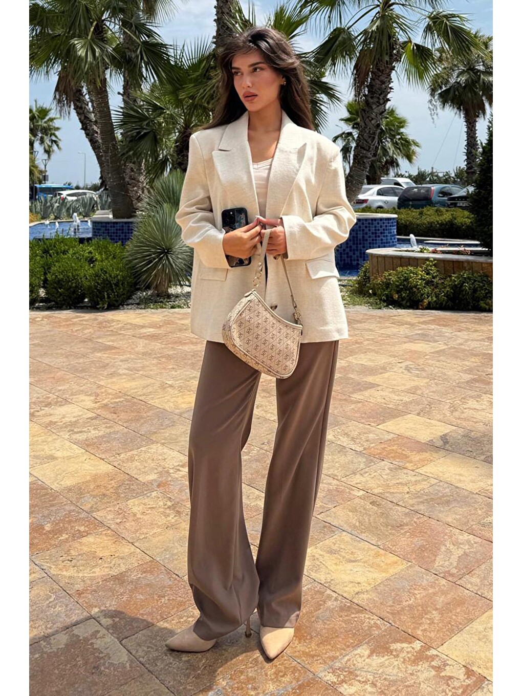 Bej Keten Blazer Kadın Ceket Mg2443