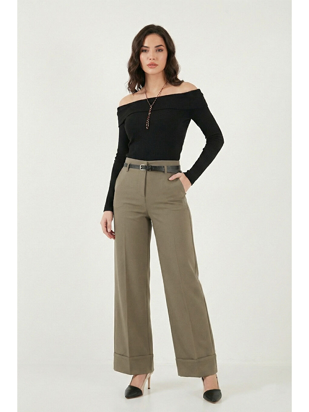 Haki Wide Leg Yüksek Bel Kıvırma Detaylı Bol Paça Kemerli Kadın Pantolon 6923841-4